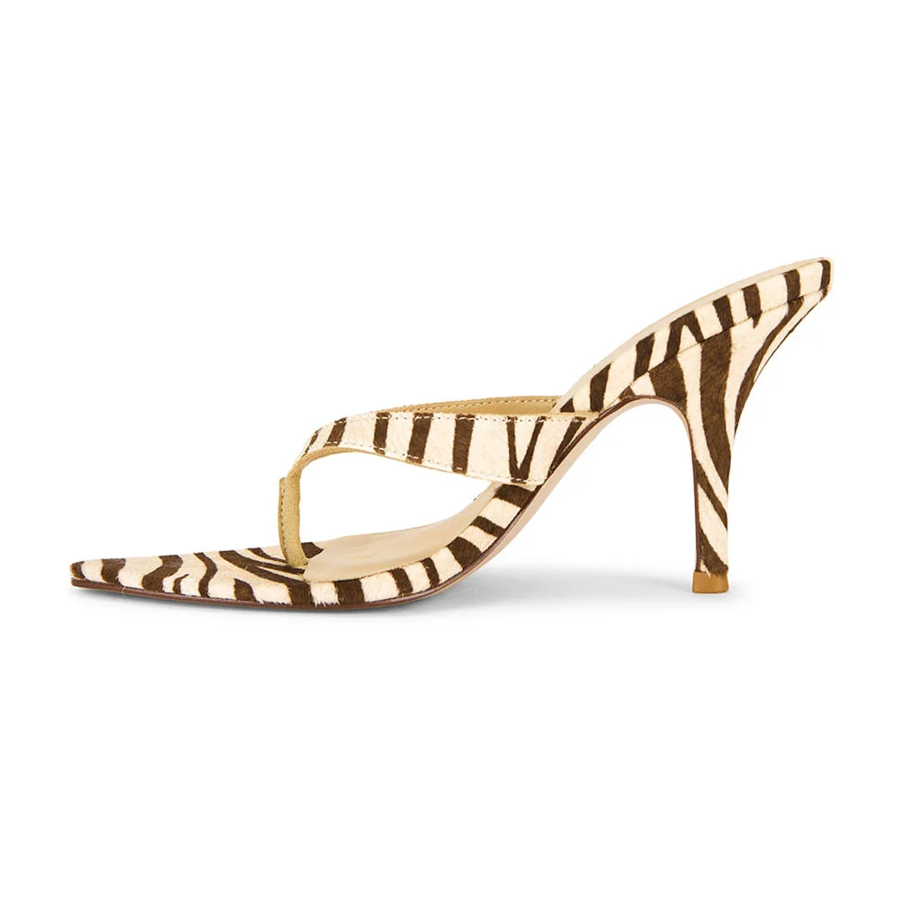 Brown & Beige Open Pointed Toe Flip Flops Zebra Print Mules Shoes