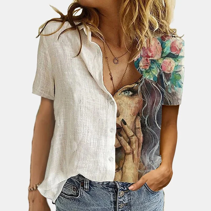 Vintage Women Patchwork Button Short Sleeve Blouse Summer Casual Loose Office Shirt Spring Femme 3XL Cats Printed Shirt Blusas