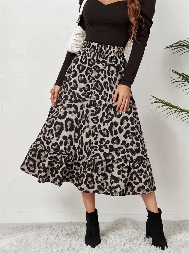 Budgetg High Waist Leopard Midi Skirt For Women Casual Boho Printed Long Tulle Skirt Ladies 2023 Autumn New Chiffon A-line Skirt