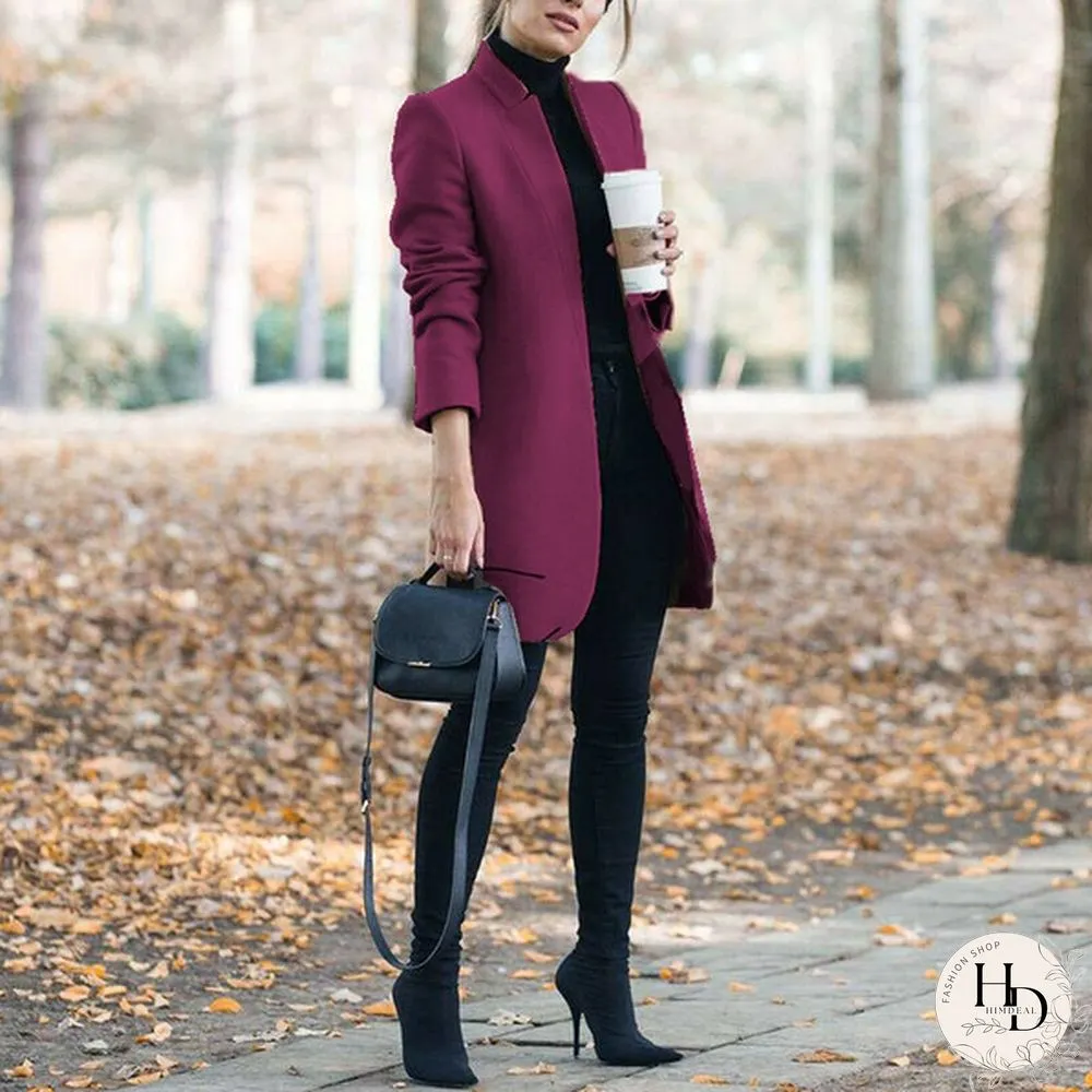 New Autumn and Winter Fashion Womens Solid Color Stand-Up Collar Woolen Coat Lapel Wool