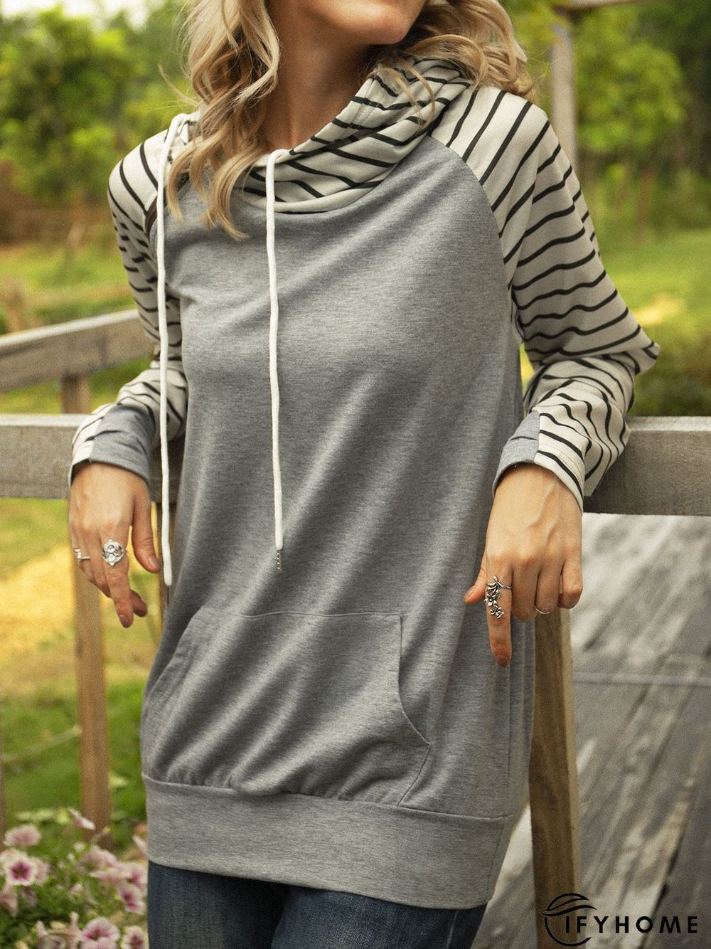 Gray Pockets Cotton-Blend Long Sleeve Sweatshirt | IFYHOME