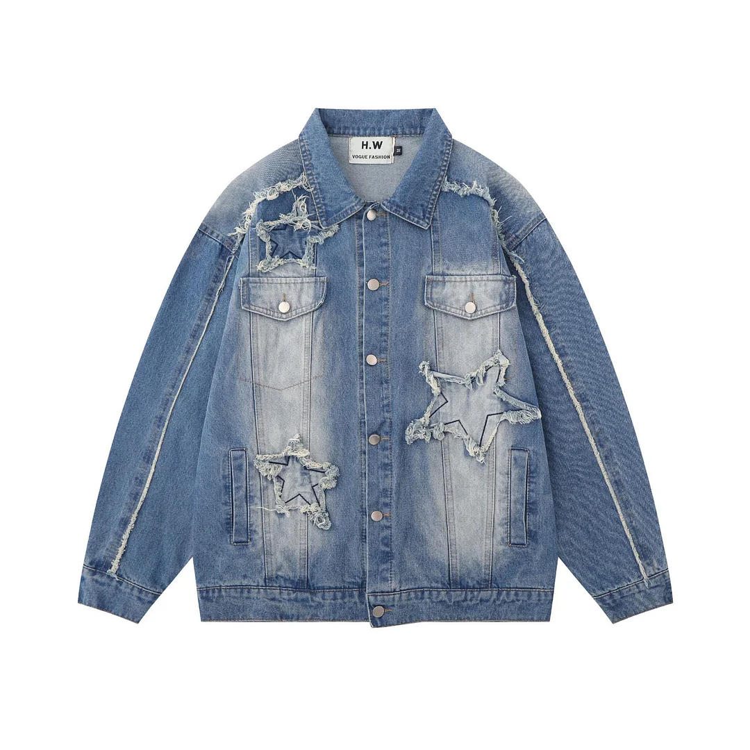 Men and Women Retro Star Embroidered Denim Jacket Fashion Back Pocket Denim Jacket