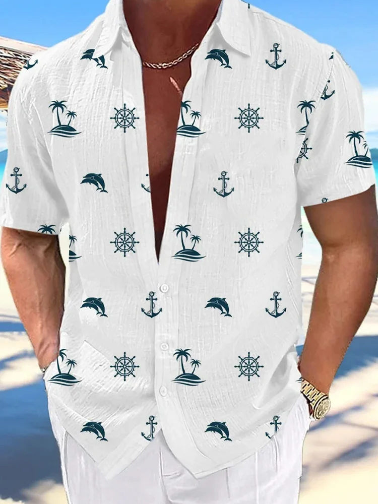 Men's Nautical Design Printed Lapel Casual Short Sleeve Shirt
