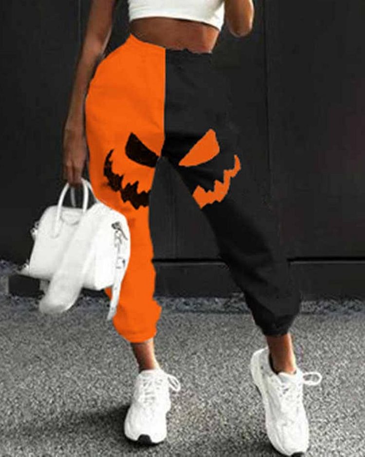 Colorblock & Halloween Skull Pattern Dual Pocket Joggers For Women - Shop Trendy Women's Clothing | LoverChic