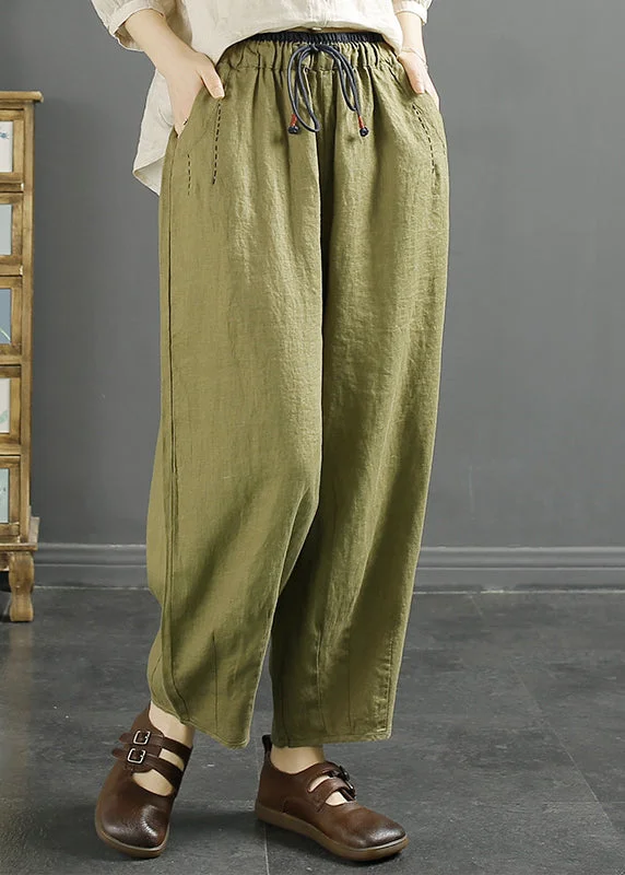 Casual Green Pockets Cinched High Waist Linen Crop Pants Fall