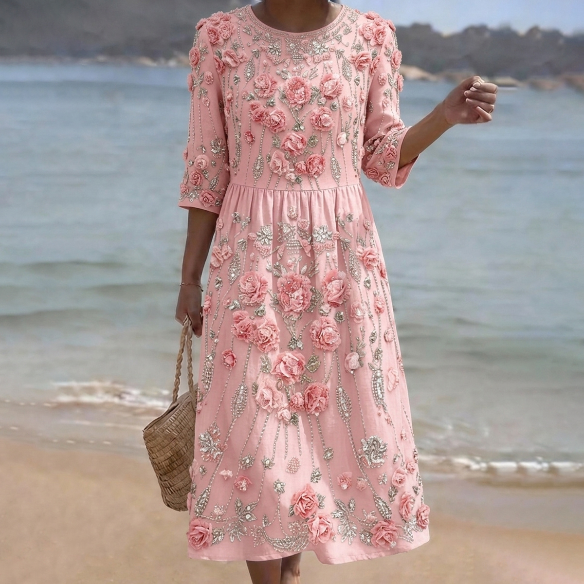 Vintage Roses Art Pattern Linen Blend Loose Three-quarter Sleeve Dress wearshes