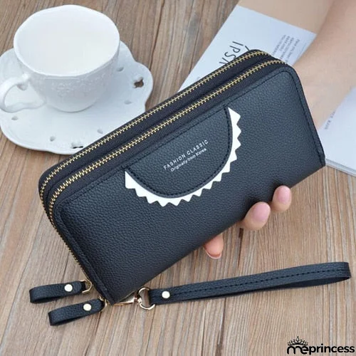 Women's Leather High Capacity Double Zipper With Wristband Purses