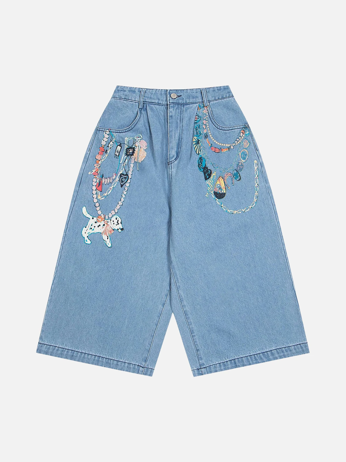 Blue Act Chic Vintage Cartoon Chain Print Longline Jorts Front