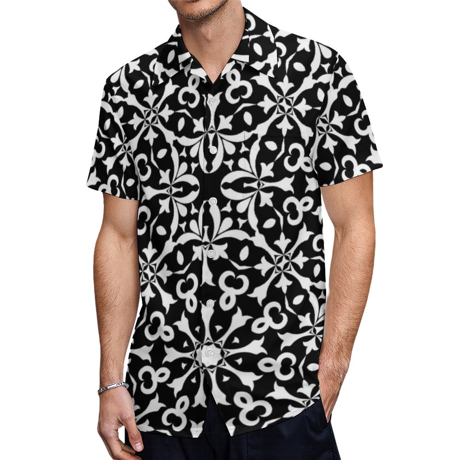Black And White Elegant Vintage Damask Pattern Hawaiian Shirt Mens Button Down Tropical Hawaii Beach Shirts