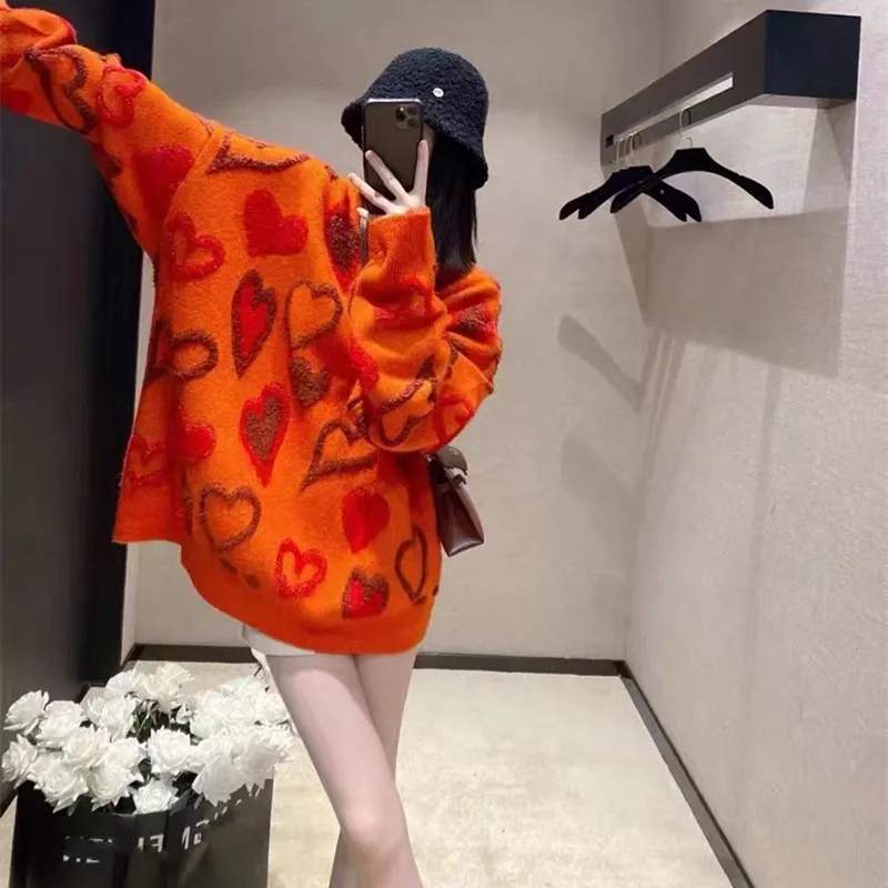 Churchf Churchf Quality New Embroidered Letters Love Peach Heart Jacquard Sweater Retro Loose Casual Men And Women's Sweater Trend