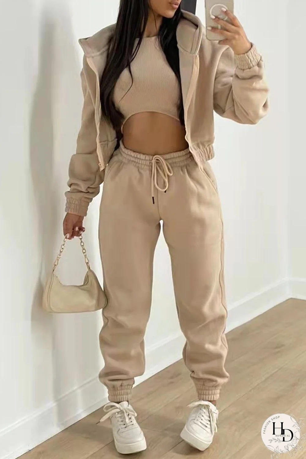 Khaki Fashion Casual Solid Cardigan Vests Pants O Neck Long Sleeve Three-piece Set