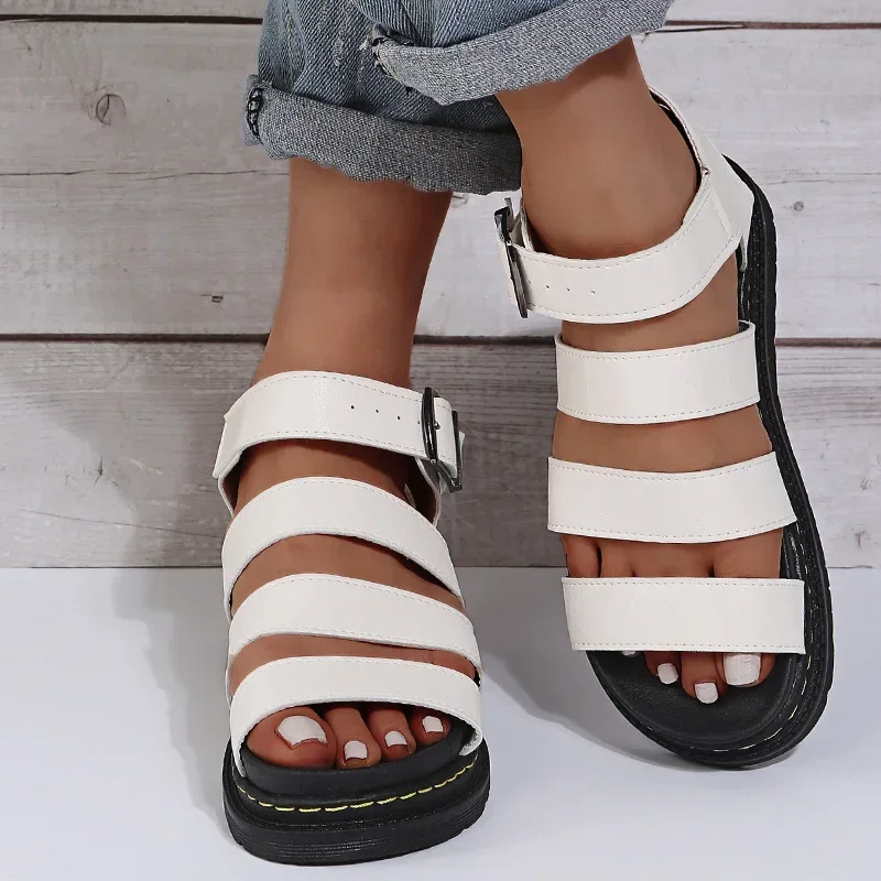 Women's Cool Thick Sole Casual Round Head Buckle Open Toe Platform Roman Sandals 