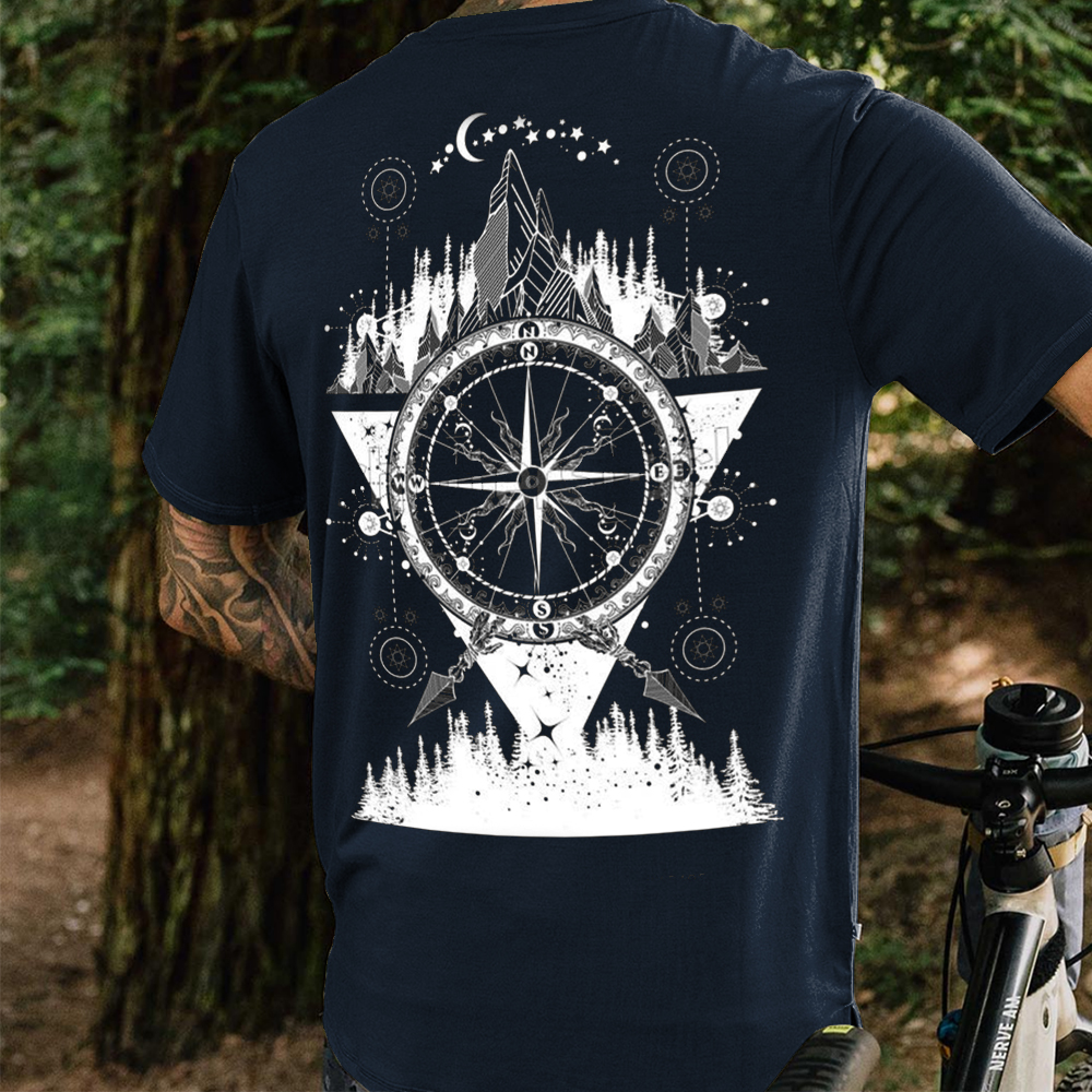 Men's Outdoor Compass Stars Moon Hills Print Casual T-Shirt Lixishop 