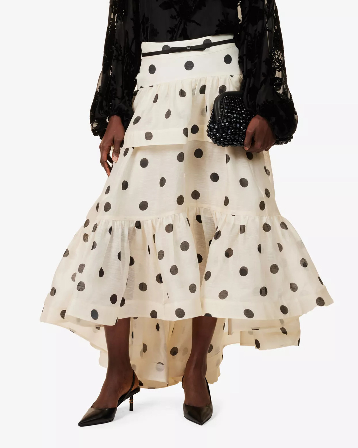 Polka Dot Asymmetrical Hem Tiered Midi Skirt