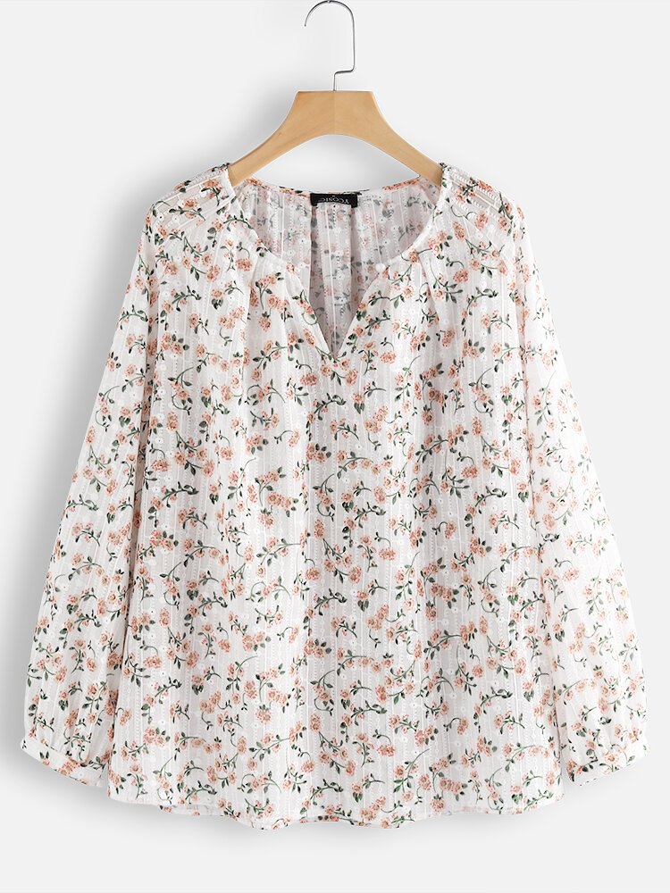 Casual Floral Print Embroidery Frog Button O neck Blouse P1631922