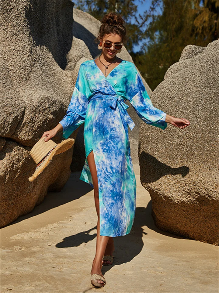 Summer high waist tie loose dress long V-neck tie dye print long dress long sleeve skinny open dress