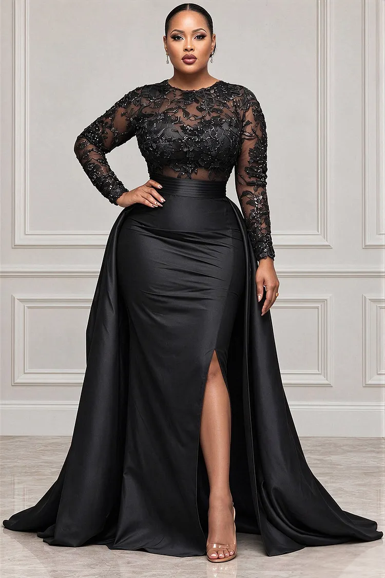 Xpluswear Design Plus Size Formal Lace Black Round Neck Long Sleeve With&nbsp;Skirt&nbsp;Overlay&nbsp;Split Satin Maxi Dresses [Pre-Order] 2024 - Xpluswear