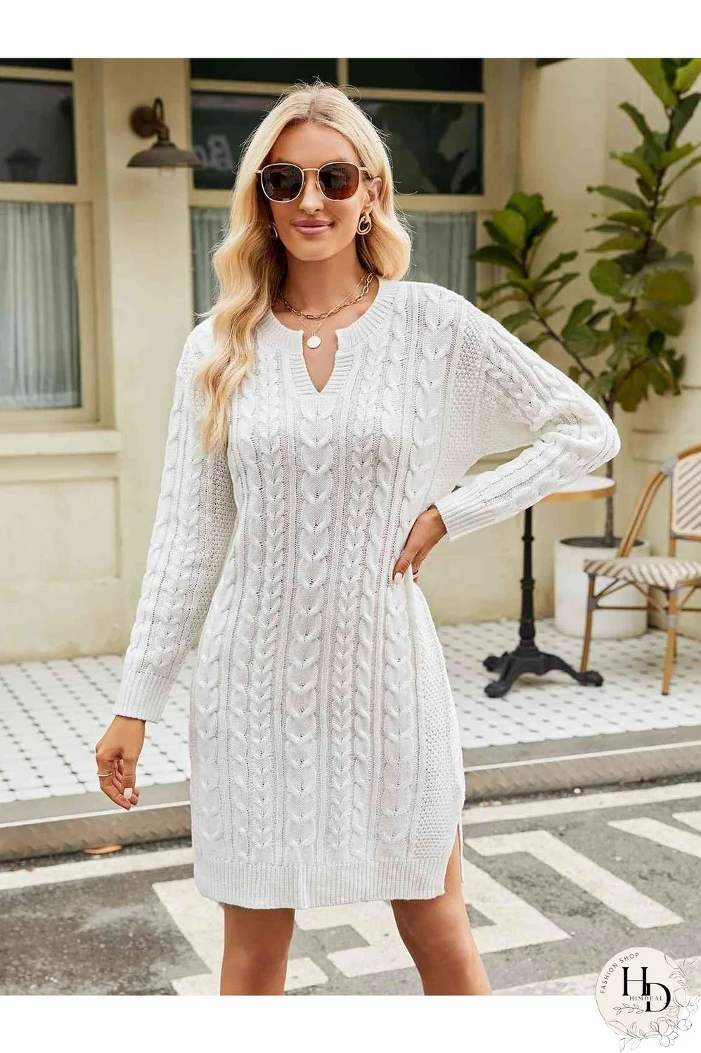 Notched Neck Cable-Knit Slit Sweater Dress