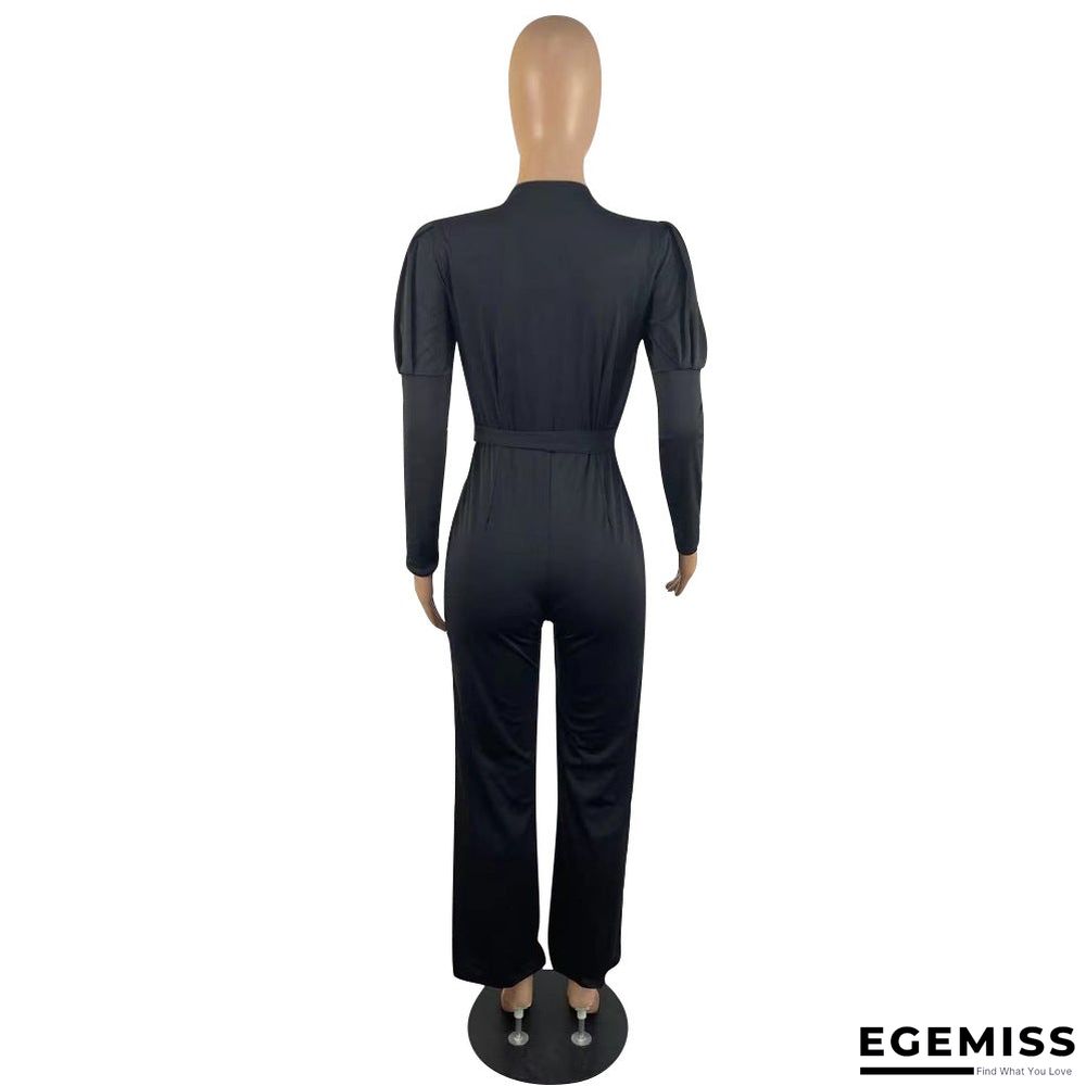 Autumn and Winter Solid Color V-neck Bubble Sleeve Personalized Casual Wide Leg Jumpsuit | EGEMISS