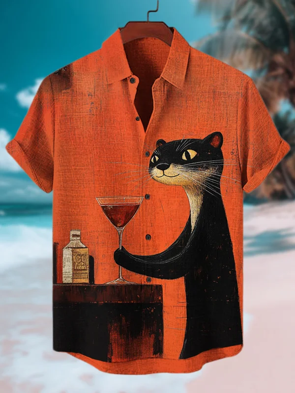 Men's Leisure Otter Drinking Martini Print Short Sleeve Shirt