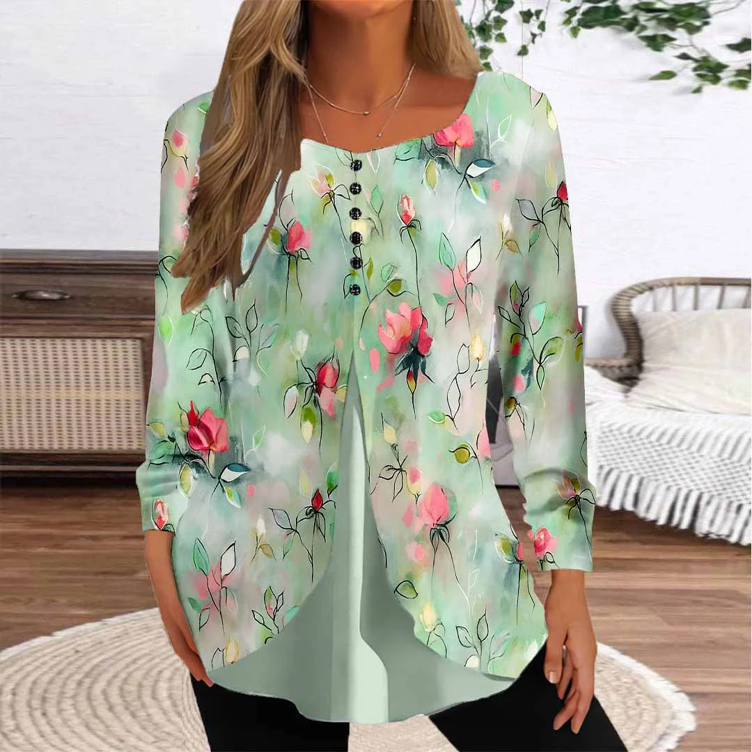 Women Floral,Green DZGG8353 Long Sleeve Scoop Neck Printed Graphic Button Fake 2in1 Tops