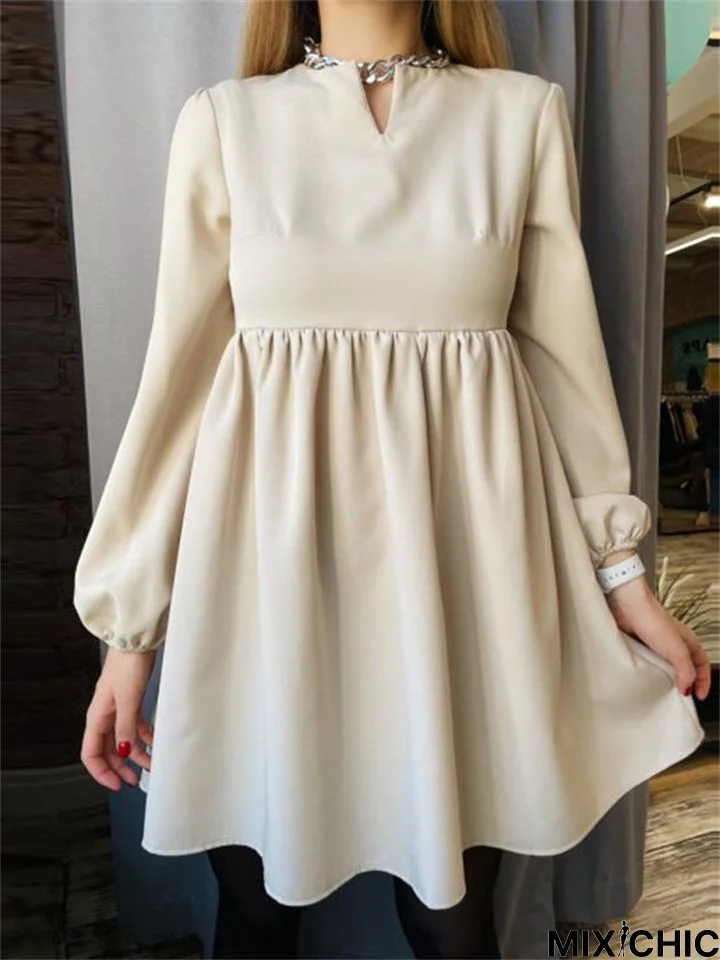 Loose Comfortable High Waist Solid Color Small V-Neck Blouse Dress