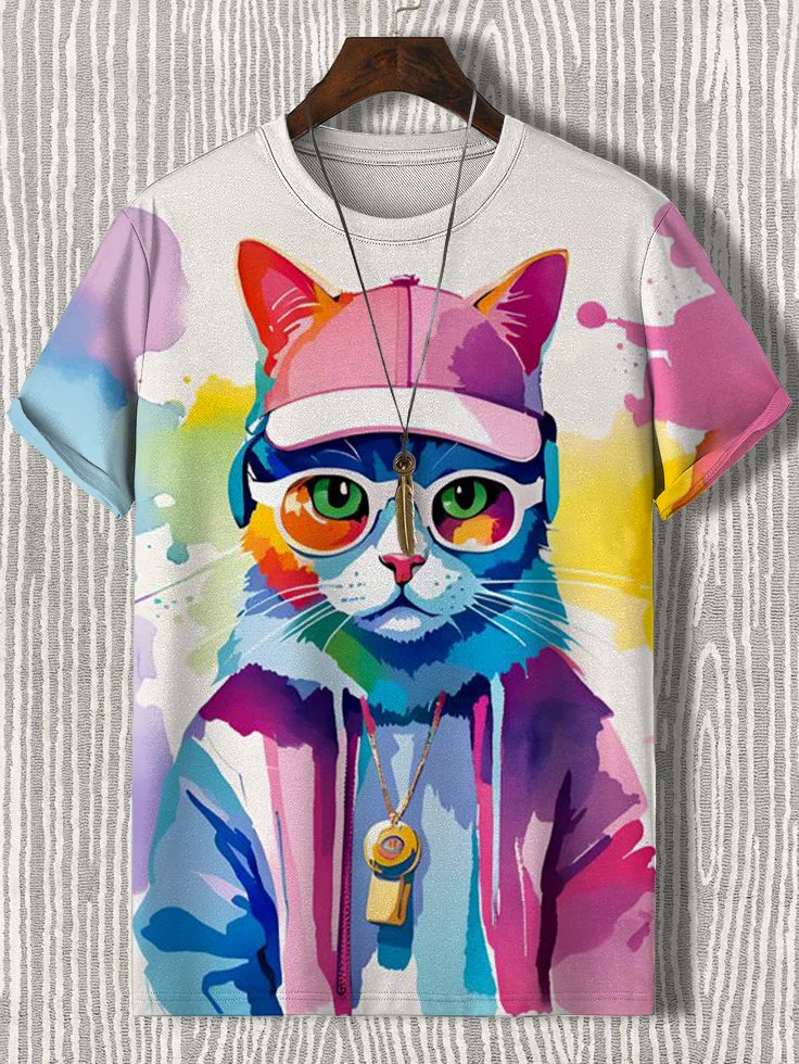 Men's Street Cool Cat Watercolor Art Print T-Shirt