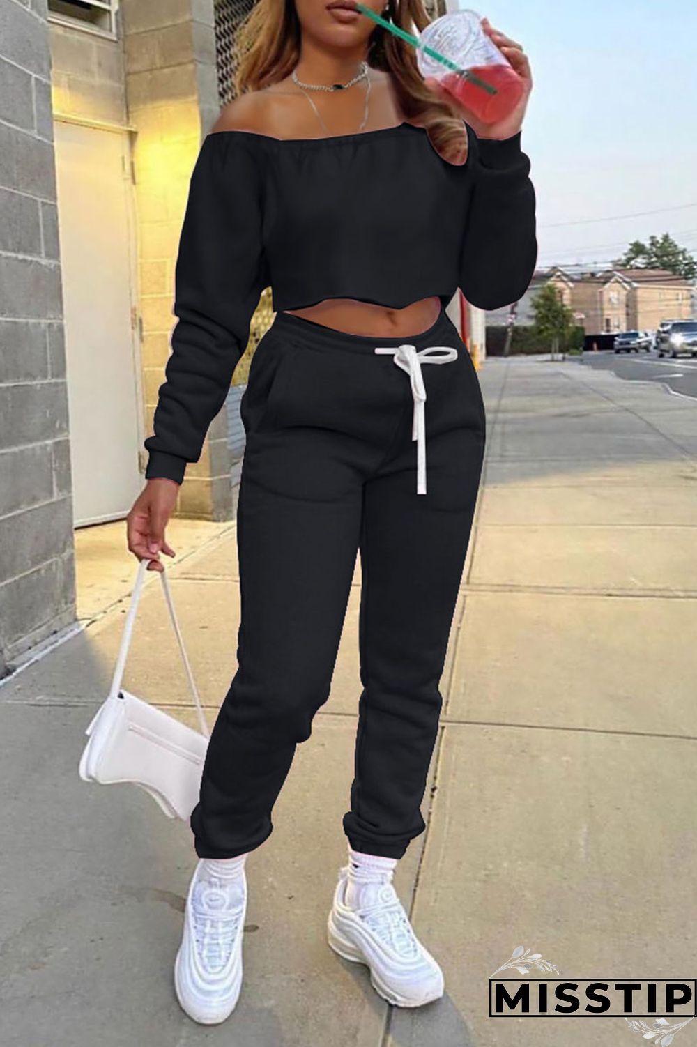 Black Casual Solid Patchwork Off the Shoulder Long Sleeve Two Pieces