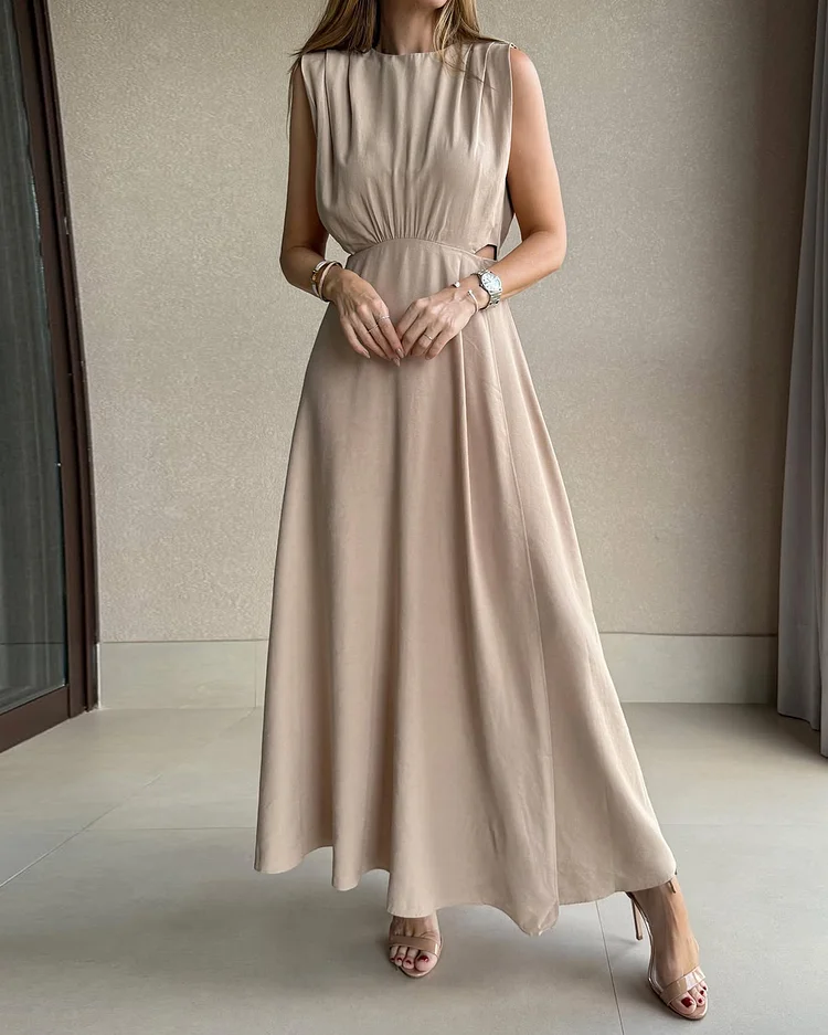 Round Neck Pleated Cutout Dress