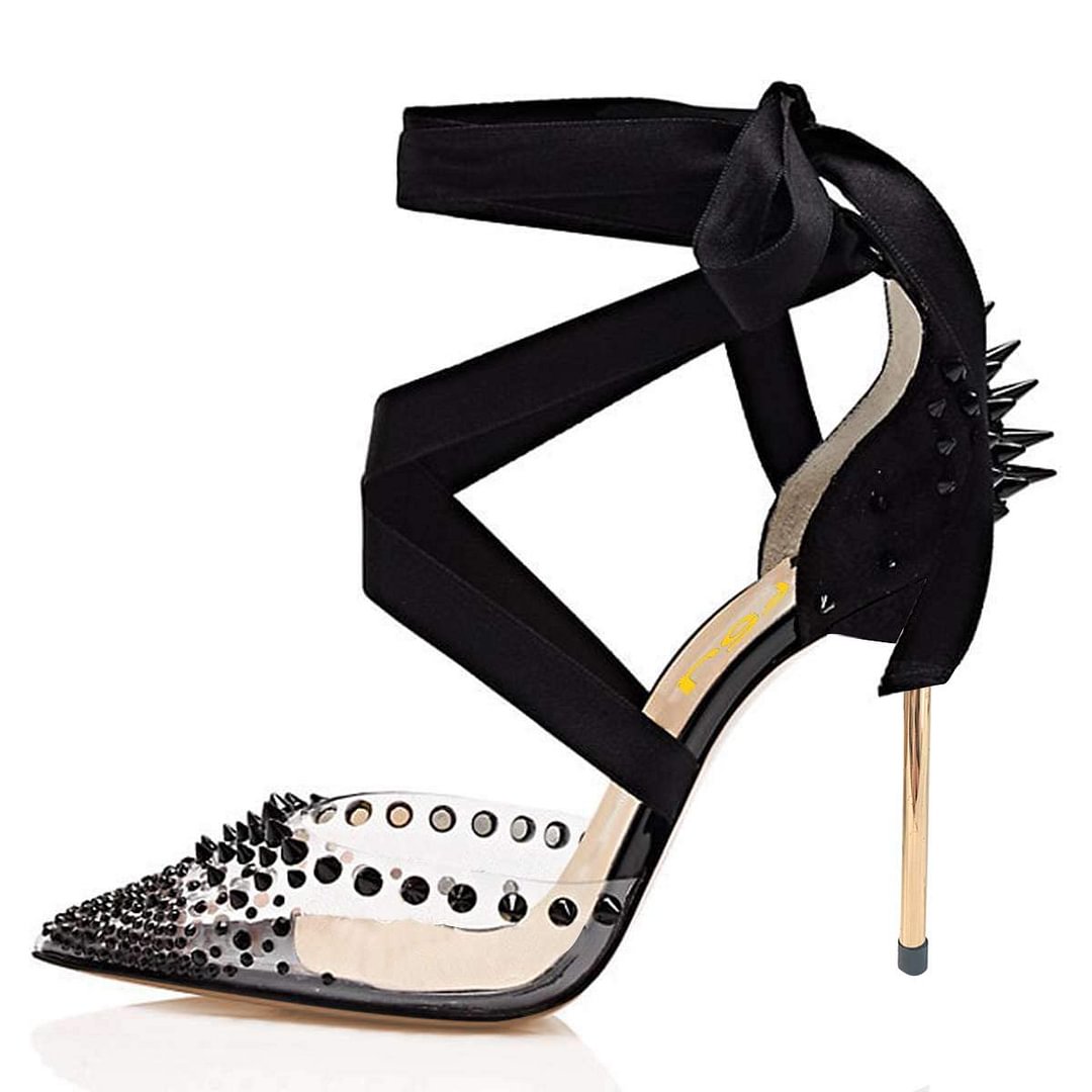 Women High Heel Ankle Strap Sandals Pointed Toe Rivets Pumps  Nicepairs