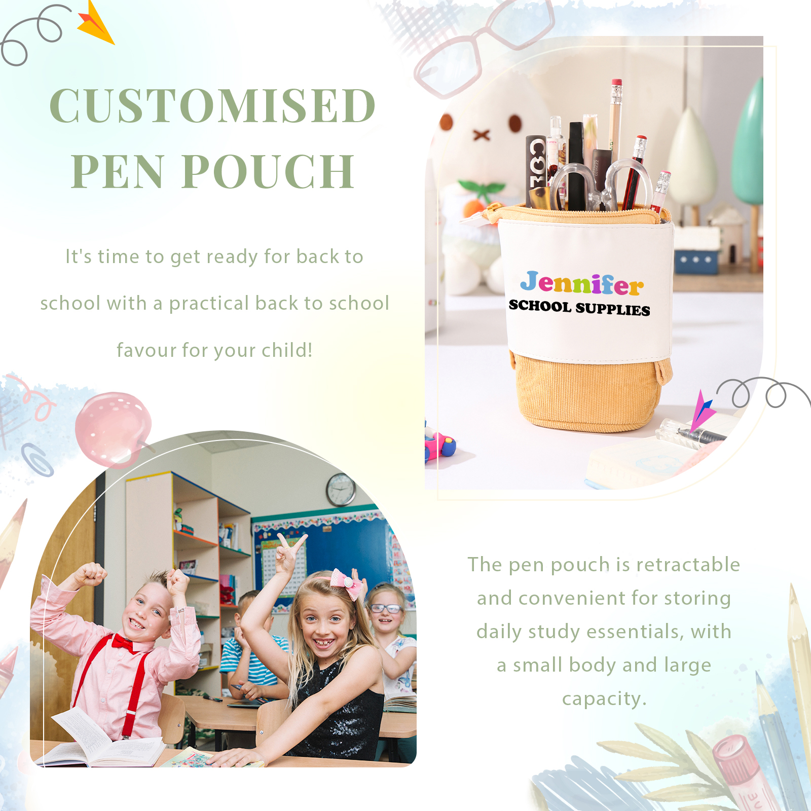 Astuccio per matite personalizzato con 2 testi per scuola elementare bambini