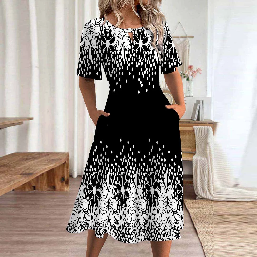 Women Floral,Black DZHA8356 Short Sleeve Scoop Neck Graphic Printed Hollow Midi Dress