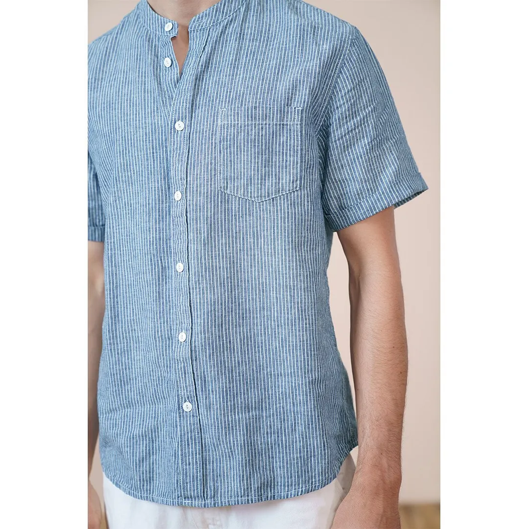 SIMWOOD 2021 Summer New Cotton Linen Shorts Sleeve Shirts Men Breathable Comfortable Collarless Vertical Striped Shirts SK130397