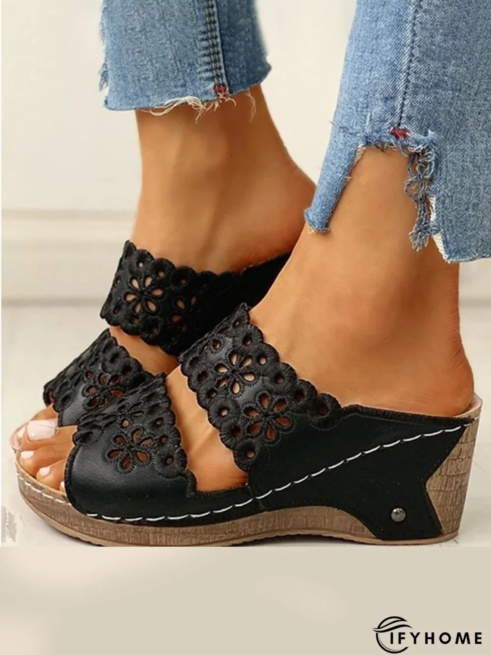 Embroidered Cutout Platform Wedge Slipper Sandals | IFYHOME