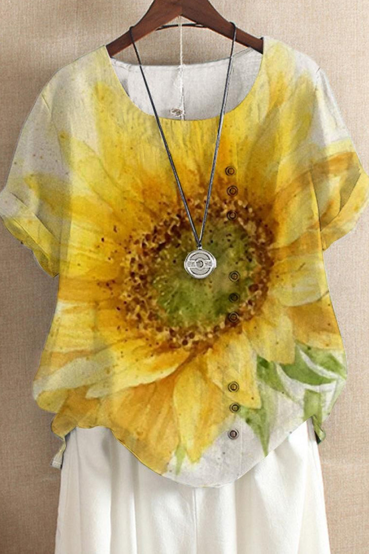 Plus Size Linen Sunflower Print Short Sleeve Round Neck Casual Blouses