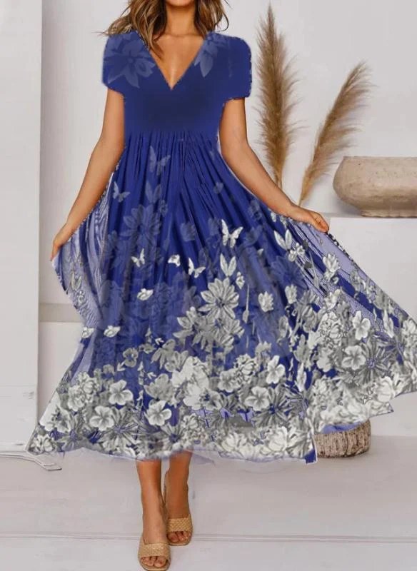 Floral Print V Neck blue Dress
