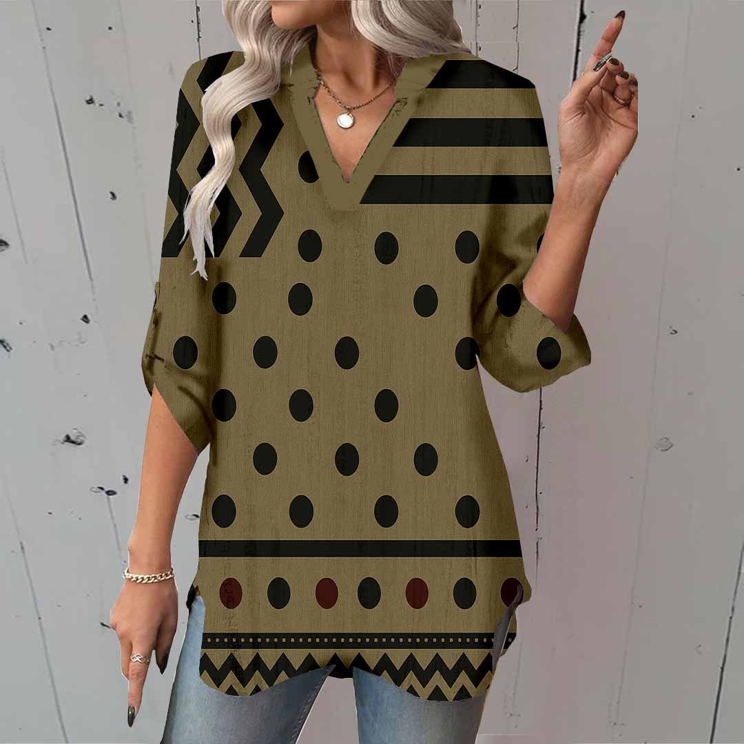 Women Polka-Dot,Striped,Khaki DZGA0320 3/4 Sleeve V-neck Printed Graphic Button Tops