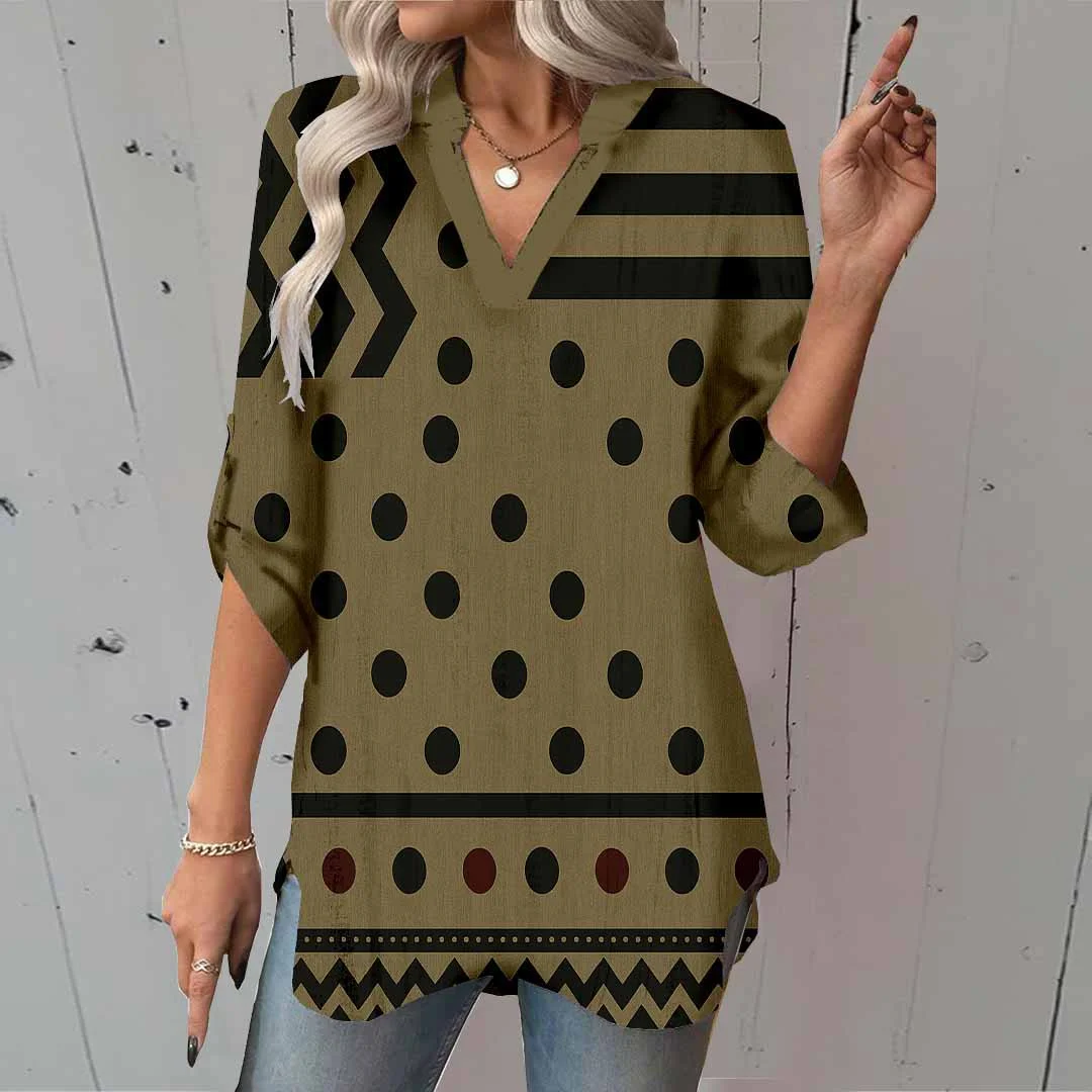 Women Polka-Dot,Striped,Khaki DZGA0320 3/4 Sleeve V-neck Printed Graphic Button Tops