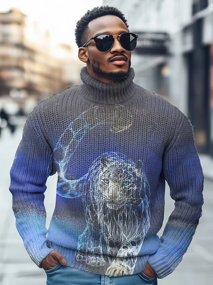 Men's Gradient Art Snow Leopard Print High Neck Knit Sweatshirt