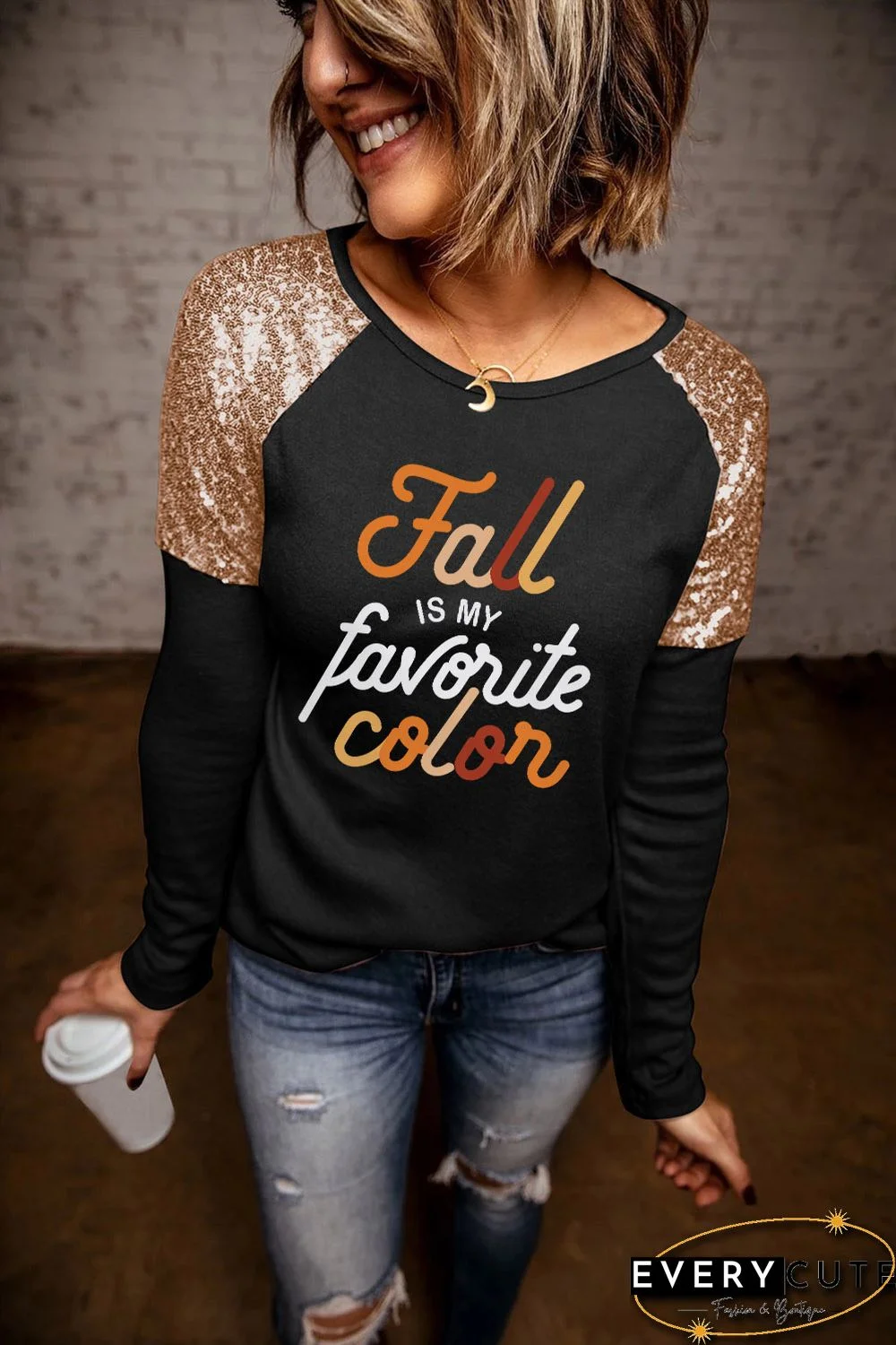 Black Fall is my favorite color Graphic Sequin Patch Top