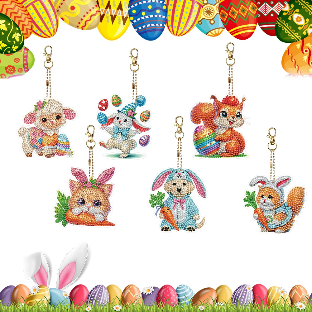 6Pcs Double Sided Special Shape Easter Animals Diamond Painting Art Keyring