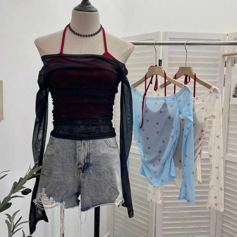 Uveng Fake Two Hanging Neck Sling Long-Sleeved T-Shirt Two Sets Of Thin Outer Sunshield Shirt Short Oblique Shoulder Coat 8861