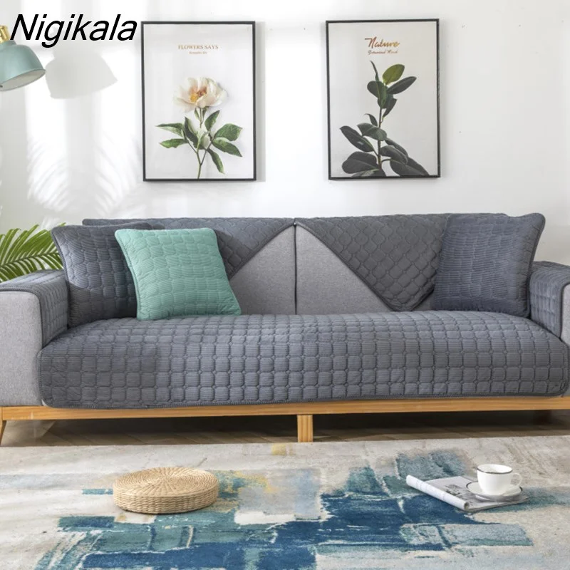 Nigikala Sofa Cover Cushion Plush Non-slip Thickened SlipCover Cushion Cover Universal Solid Color Dust-proof Sofa Seat Cover