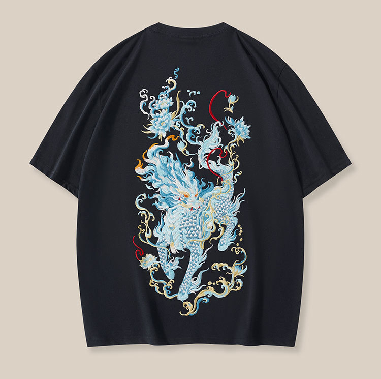 Qilin Heavy Industry Embroidered Cotton Round Neck T-shirt