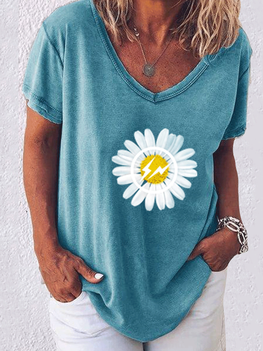 Lightning Daisy Printed Loose Short Sleeve T-shirt