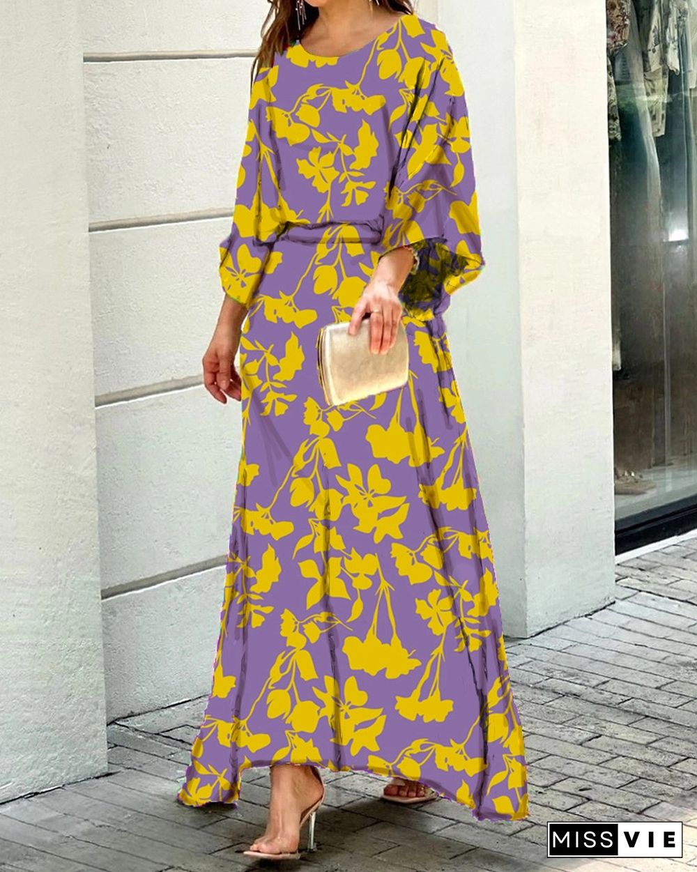 Summer New Loose Printed Maxi Dress Long-sleeved Top High-waisted Half-length Dress Suit Vestidos De Mujer