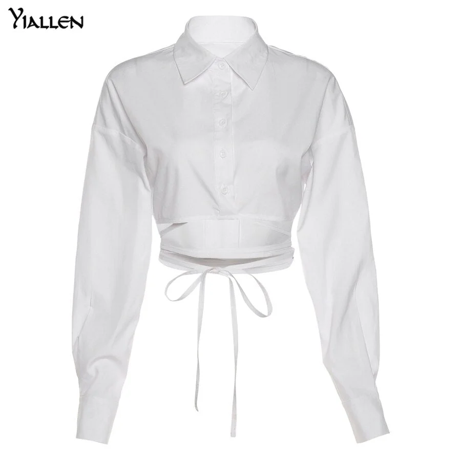 Yiallen Autumn Y2K Bandage Shirt Women 2021 New Long Sleeve Tops Slim Fashion Design Clothing Solid Casual Wild Streetwear Hot