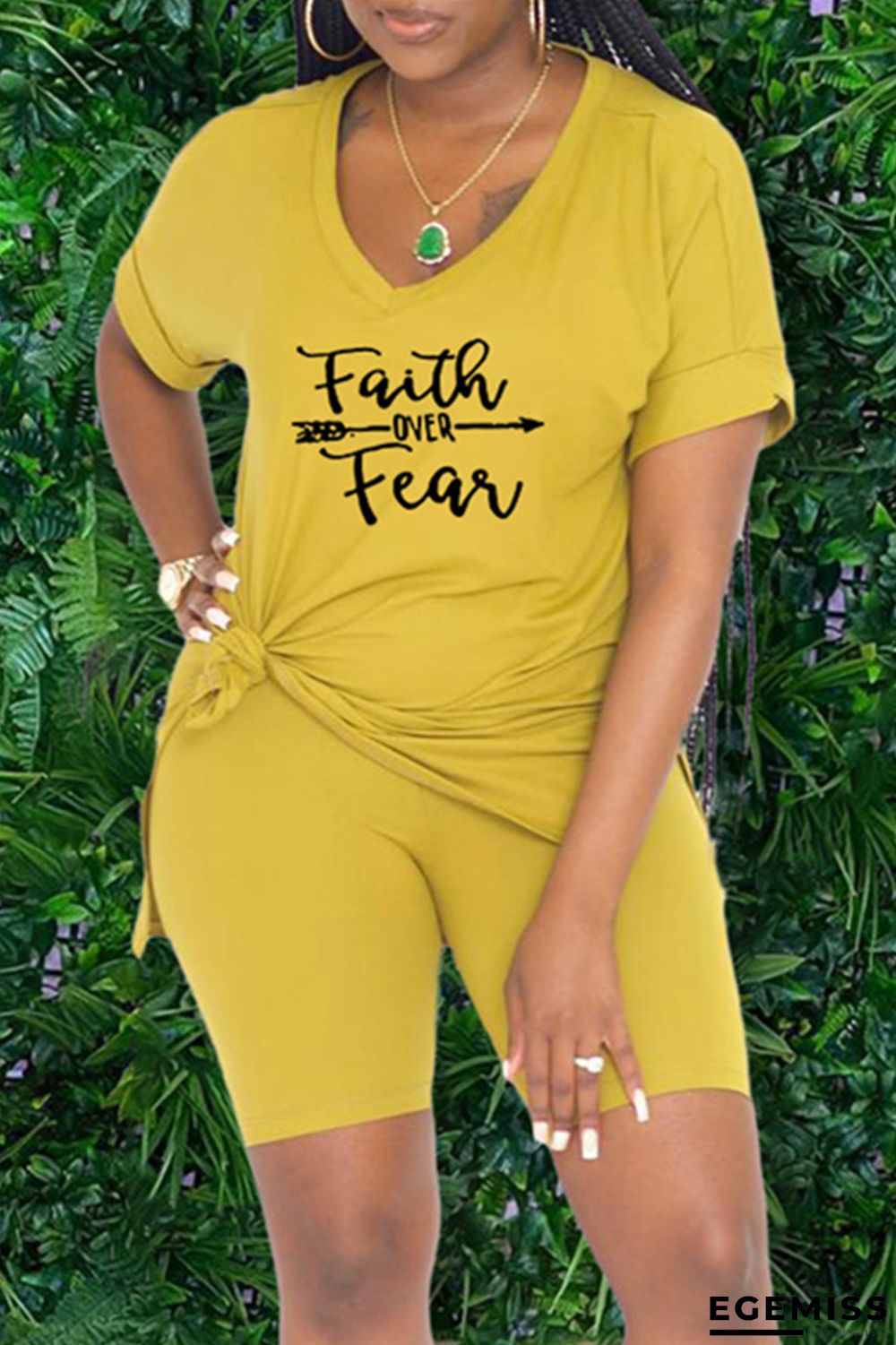 Yellow Fashion Casual Print Slit V Neck Short Sleeve Two Pieces | EGEMISS