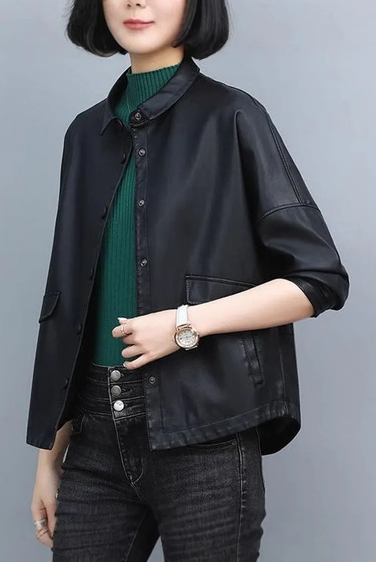 Faux Leather Short Jacket with Classic Pockets for Spring and Summer