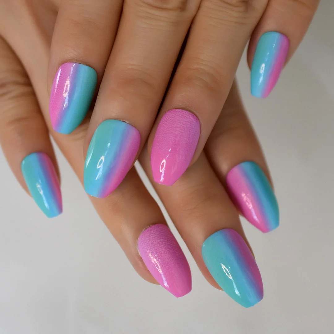 24pcs Rainbow Candy Pigment Detachable Short Ballerina False Nails With Design Coffin Fake Nails Press On Nail Tips-Nail Inspo